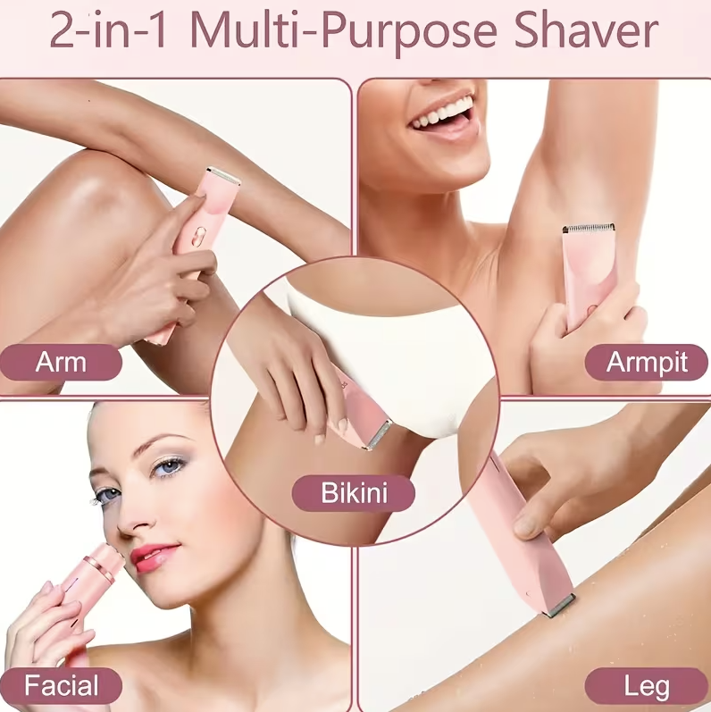 2-in-1 Women’s Electric Shaver & Hair Trimmer – Dual Head USB Rechargeable Bikini, Leg, Underarm & Facial Hair Remover (Pink)