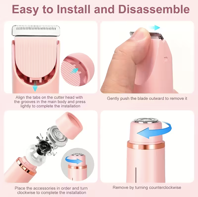 2-in-1 Women’s Electric Shaver & Hair Trimmer – Dual Head USB Rechargeable Bikini, Leg, Underarm & Facial Hair Remover (Pink)