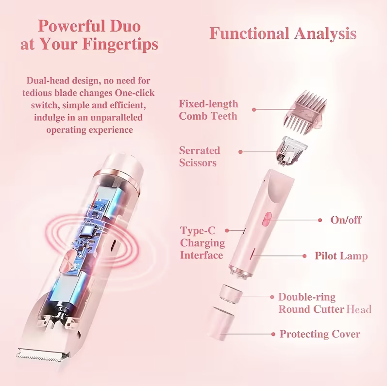2-in-1 Women’s Electric Shaver & Hair Trimmer – Dual Head USB Rechargeable Bikini, Leg, Underarm & Facial Hair Remover (Pink)
