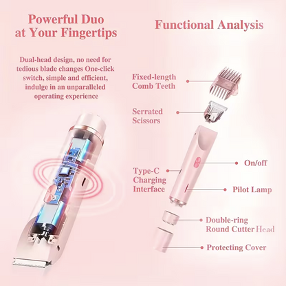 2-in-1 Women’s Electric Shaver & Hair Trimmer – Dual Head USB Rechargeable Bikini, Leg, Underarm & Facial Hair Remover (Pink)