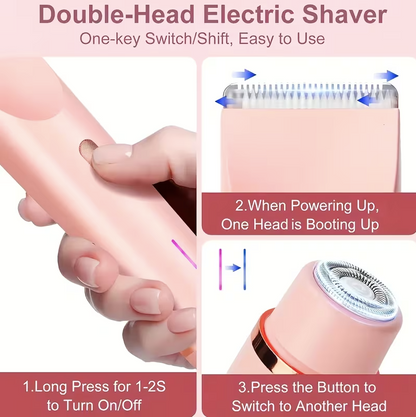 2-in-1 Women’s Electric Shaver & Hair Trimmer – Dual Head USB Rechargeable Bikini, Leg, Underarm & Facial Hair Remover (Pink)