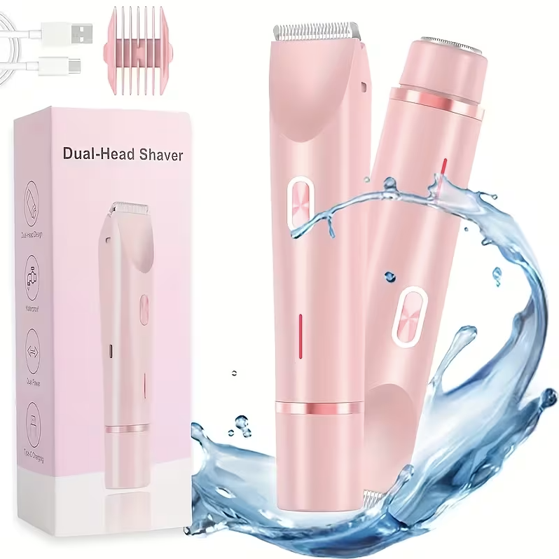 2-in-1 Women’s Electric Shaver & Hair Trimmer – Dual Head USB Rechargeable Bikini, Leg, Underarm & Facial Hair Remover (Pink)