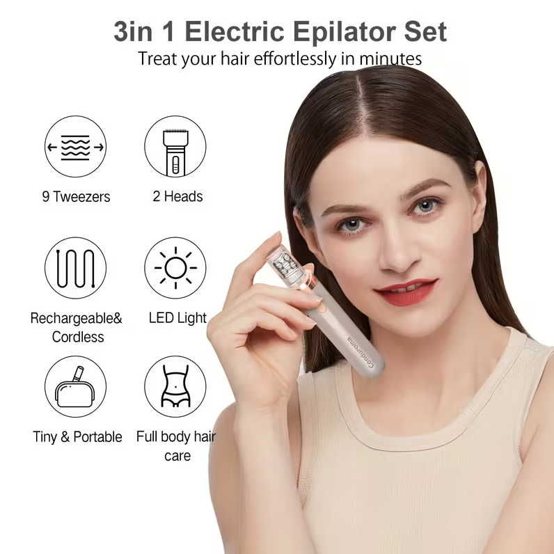 3-in-1 Women’s Epilator & Facial Hair Remover – LED Light, Cordless Rechargeable Eyebrow Trimmer & Electric Shaver
